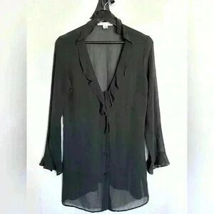Y2K Victoria’s Secret Sheer Button Down Ruffle Tunic Blouse Black Medium